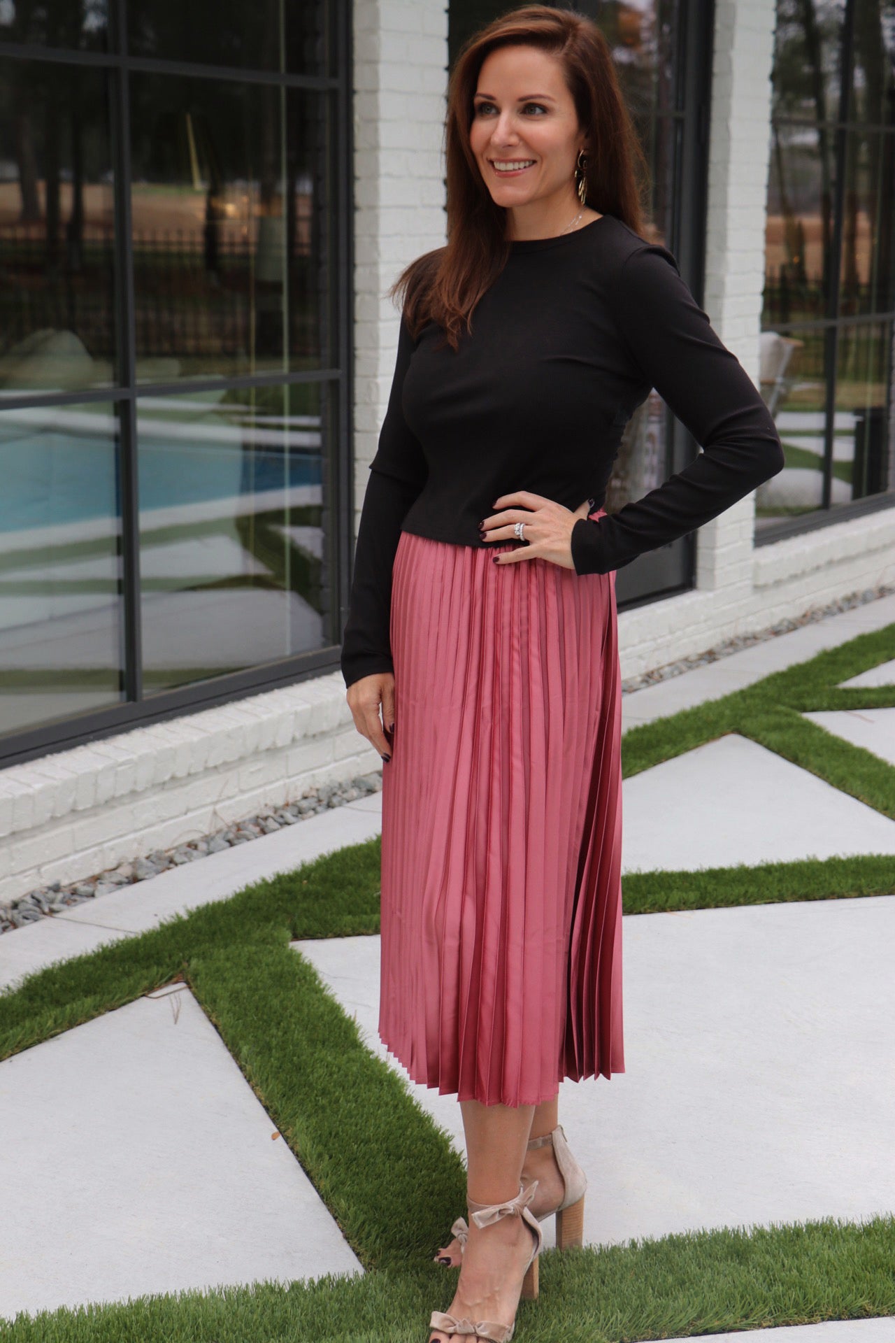 Mauve Satin Pleated Midi Skirt